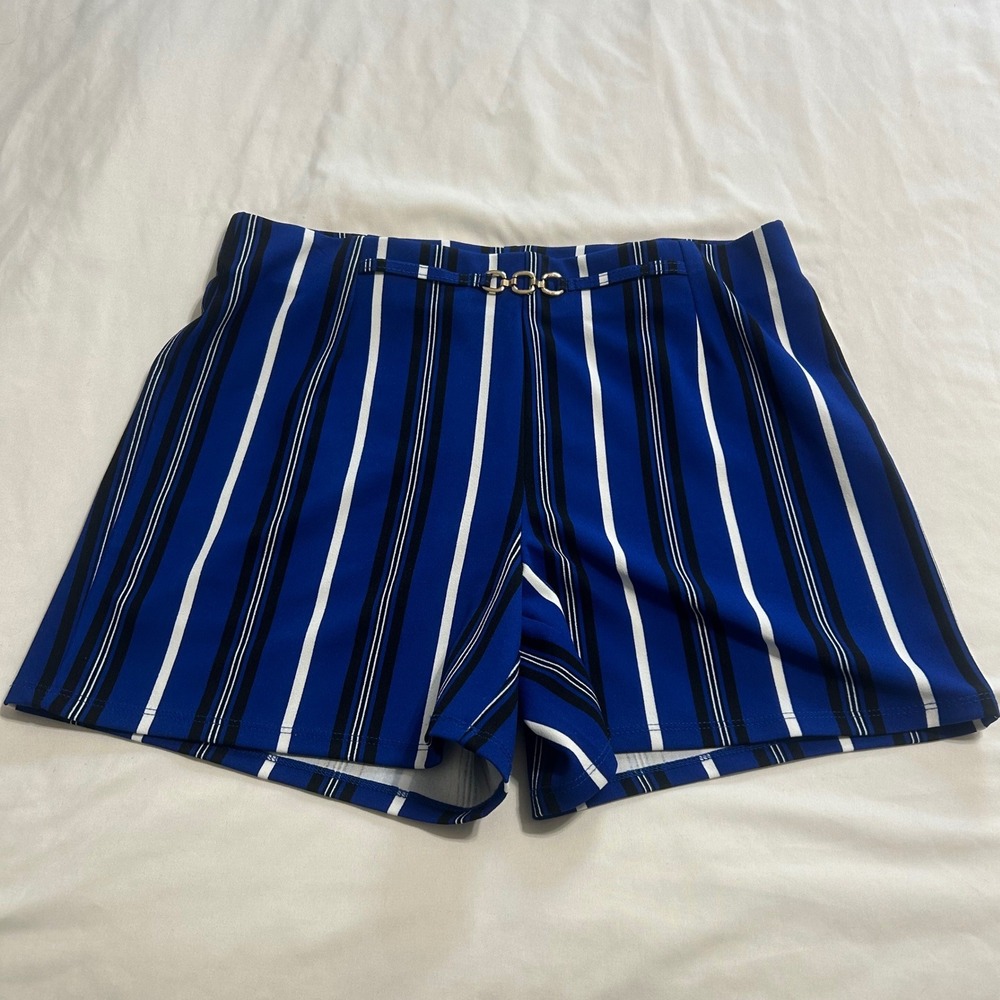 Messini Womens Blue White Striped High Waist Shorts Gold Chain Detail Size M